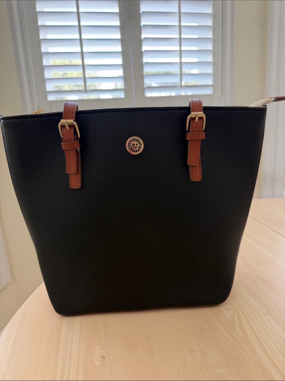 Anne Klein Black Tote with Brown Trim and Gold Accent